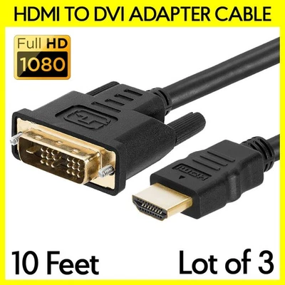 3 Pack DVI to HDMI Cable Adapter 10 Feet Connector Converter Cord Monitor TV PC - Image 1 of 4