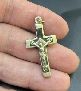 Antik Französisch Brust 13/8" Kruzifix Silber Schwarz Holz Intarsien Rosenkranz 1800er Kreuz - Bild 1 von 13