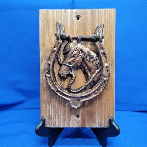 Iron Horse Head and Shoe Door Knocker on Wood Plaque, Barn Stable Tack Room Cover