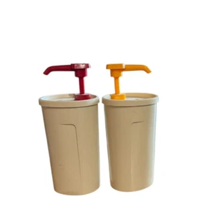 Tupperware Vintage Ketchup & Senfspender Set 640-7, 1553-8 farbcodierte Pumpen - Bild 1 von 6