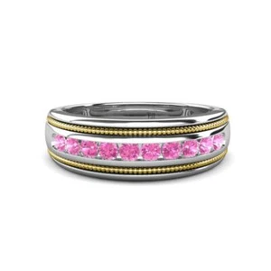 Pink Sapphire 2 Toned & High Polished Edges Men Wedding Band 14K Gold JP:322840 - Picture 1 of 16