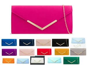 Women's Plain Suede Clutch Bag Wedding Party Prom Evening Shoulder Chain Handbag - Picture 1 of 22