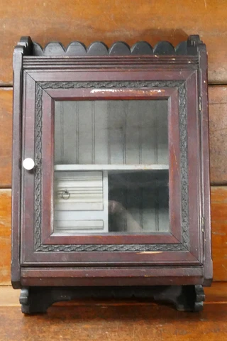 Antique Medicine Cabinet Carved Wood Glass Door Display Case Shelves Wall Mount Cover