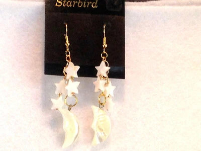 PENDIENTES COLGANTES ESTRELLA Y LUNA MADREPERLA BLANCA AÑOS 80 VINTAGE Foto 1 de 4