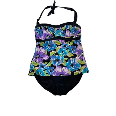 Traje de baño Tankini Tropical Escape floral halter talla 10 negro púrpura azul verde u Foto 1 de 4