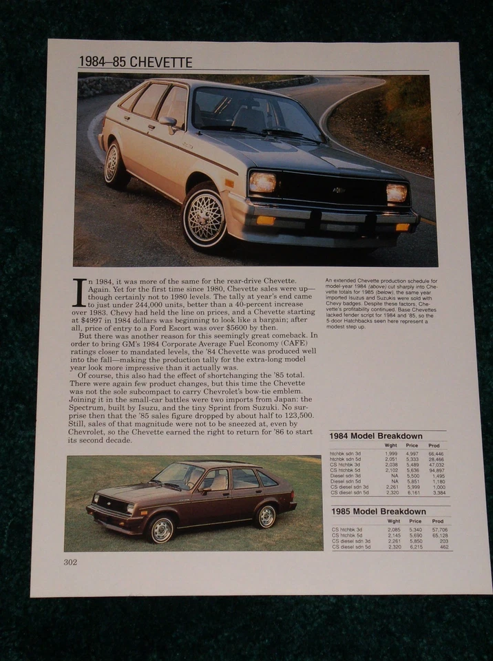 1984-85 CHEVY CHEVETTE SPEC SHEET INFO PHOTO 84 DIESEL SEDAN HATCH★★ - Image 1 of 1