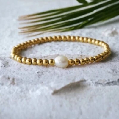 Gold Stretch Bracelet Gold Beads with Pearl Bracelet WATERPROOF non-tarnish gold - Image 1 of 4
