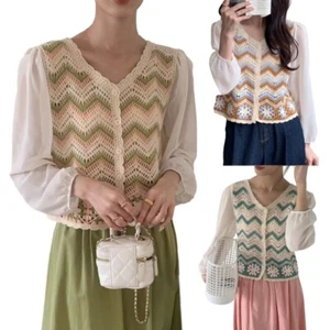 Crochet Knitted Vest Womens Vintage Embroidery Floral Long Sleeve Cardigan Tops - Picture 1 of 10