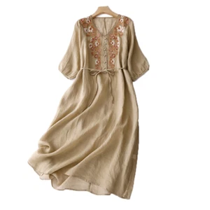 Women Embroidery Floral Dress Chinese Style Casual Summer Midi Lace Up Retro - Picture 1 of 14