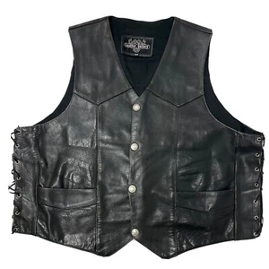 Vtg Black STEERHIDE Leather Laced BUFFALO Nickle Snaps Motorcycle Biker Vest 54 - Picture 1 of 5
