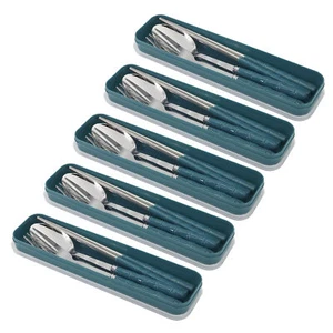 5 Stainless Cutlery Sets Spoon, Fork, Chopsticks in Case for Students and Travel - Picture 1 of 7