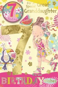 "Tarjeta e insignia de séptimo cumpleaños de gran nieta - niña con helado y papel de aluminio 9x6" - Imagen 1 de 1