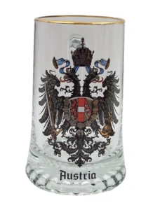 Stein Mug Clear Glass Austria Coat of Arms Sword Bird Crown Gold Rim Lion Red - Picture 1 of 8