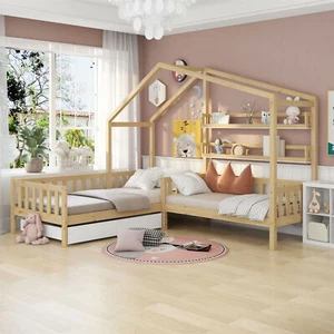 Kinderbett Holzbett Hausbett Tagesbett mit Schublade & Regal Lattenrost 90x200cm - Bild 1 von 13