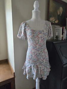 New SWEET LEMON Womens Small Smocked Floral Mini Dress Ruffle Hem - Picture 1 of 12