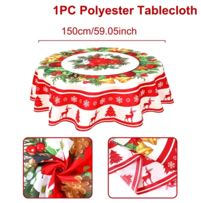 Round Tablecloth Merry Christmas Dinner Table Cover Home Party Holiday Decor NEW - Image 1 of 4
