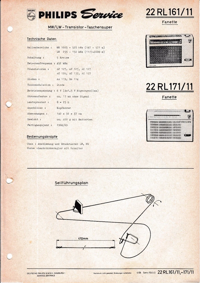 Servizio Manuale di Istruzioni per Philips 22 Rl 161,22 Rl 171, Fanette - Immagine 1 di 1