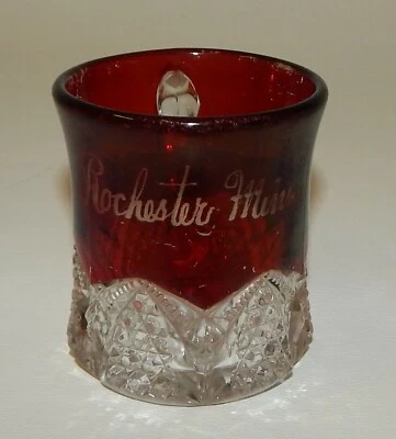 Antique EAPG Ruby Stain Flash Glass Rochester Minnesota Souvenir Cup Mug - Image 1 of 3