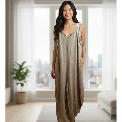 MSK Mujer S Rayas Mezcla de Lino Pierna Ancha Mono Informal Mameluco Beige Dorado Boho Foto 1 de 4