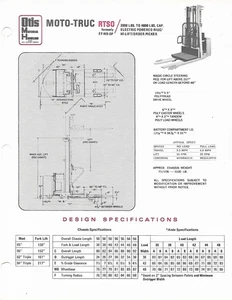 Fork Lift Truck Data Sheet - Otis Moto-Truc - RTSO - c1971 Brochure (LT668) - Picture 1 of 1