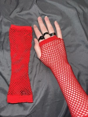 Red Fishnet Fingerless Gloves Mid-Arm Length - Image 1 of 2