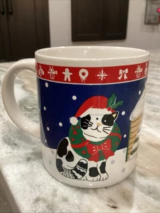 Vintage Weihnachten Katze Weihnachtsmann Mütze Becher Kaffeetasse 10 Unzen - Bild 1 von 6