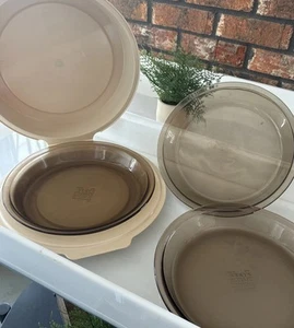 PYREX #209 Lot of 3 10”Pie Pan Plate Dish Amber Brown Glass Bonus Clam Shell USA - Picture 1 of 7