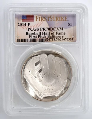 2014-P BASEBALL HALL OF FAME PROOF SILVER $1 DOLLAR PCGS PR70DCAM 676363 - Image 1 of 2