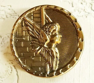 Angel on the Wall ~ Antique Stamped Brass Picture Button ~ 1-1/16" - Picture 1 of 4