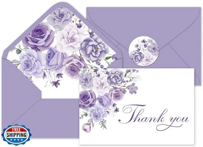 Tarjetas de agradecimiento florales de lavanda Whaline 24 piezas con sobres y pegatinas puros Foto 1 de 4