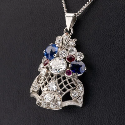Platinum Art Deco pendant with sapphires, rubies and diamonds - Image 1 of 3