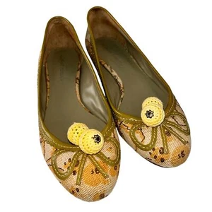 Laura Brandon Anthropologie Women's Canvas Yellow Sage Pom Pom Ballet Flats 7 - Picture 1 of 7