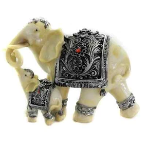 Mother Elephant & Calf Figurine Faux Ivory Finish Safari Decor 6.75"x5" Feng Shu - Picture 1 of 7