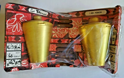 复古金属 Tiki 手电筒金色铝木外观杆 1 夸脱全新带盒 — 第 1/4 张图片