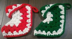 Lot 2 Vintage Crochet Christmas Stocking White Green Red Handmade - Picture 1 of 3
