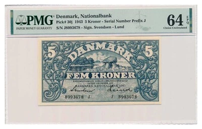 DENMARK banknote 5 Kroner 1943 PMG MS 64 EPQ Choice Uncirculated - Image 1 of 4