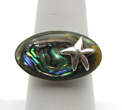 Sterling Silver 925 Oval Abalone Starfish Ring Beach Theme Size 8 - Image 1 of 4