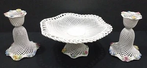 Denton Bone China England Reticulated Pedestal and Candle Holders White Flowers - Picture 1 of 12