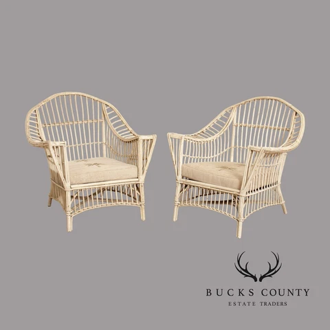 Vintage Coastal White Painted Split Reed Wicker Rattan Pair Patio Lounge Chairs Cover