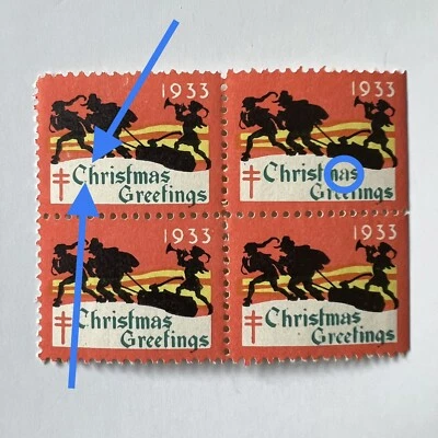 ERROR 1933 MNH CHRISTMAS SEAL BLOCK WITH EXTRA MARKS AND FAINT "a" - Image 1 of 4