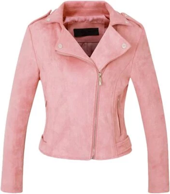 Chaqueta de moto de gamuza sintética con cremallera oblicua cuello con muescas elegante XXS~XXL para mujer Foto 1 de 4