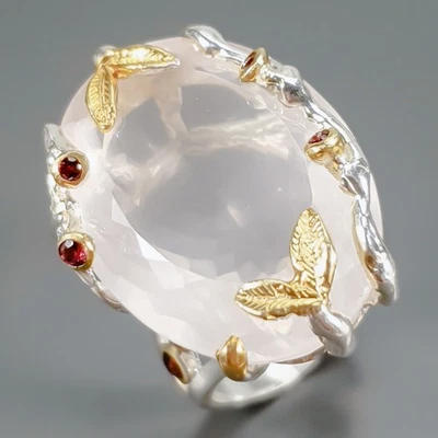 Joyería 42 ct Anillo Cuarzo Rosa Natural Plata de Ley 925 Talla 7.5/R442786 Foto 1 de 4