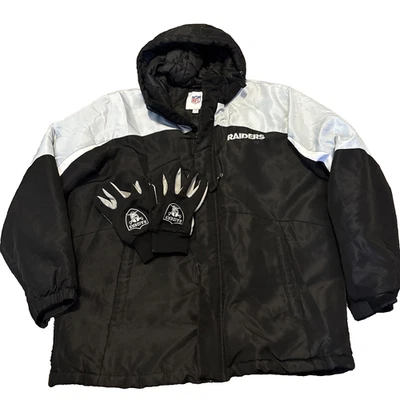 NFL GIII 突袭者队 L 冬季夹克全拉链连帽复古黑色灰色白色(阅读) — 第 1/4 张图片