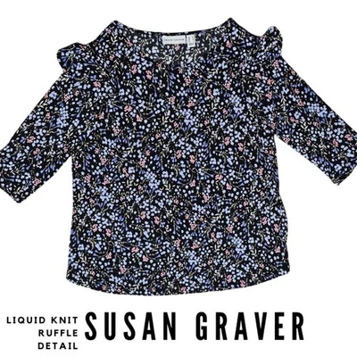 Blusa Pullover Top Susan Graver Cómoda Tejido Elástico Volantes Talla M Estampado Floral Foto 1 de 4