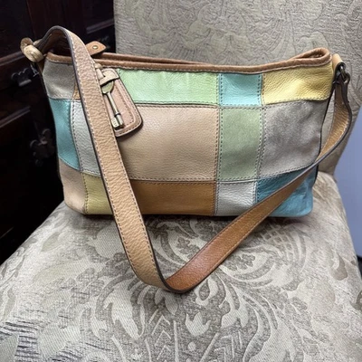 Fossil Leather Patchwork Shoulder Bag Multicolor Satchel Purse w Key Fob Y2K Bag - Image 1 of 4