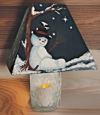 Wooden Painted Shade Medium Candle Jar Topper Snowman & Snowflake 8" Tall - Image 1 of 4
