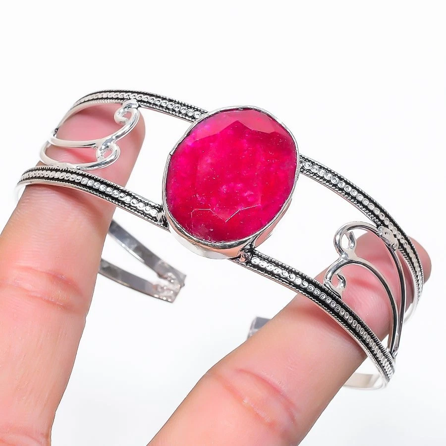 Ruby(Simulated) Gemstone 925 Sterling Silver Cuff Bangle Adjustable N129 - Image 1 of 1