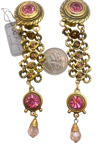 Hervorragende Vintage Ohrringe rosa Strasseinsatz lang Italy De Liguoro Original Etikett - Bild 1 von 6