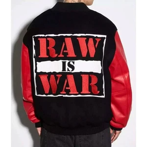 Raw is War Retro Black Varsity Full-Snap Wool & Leather Sleeves Varsity Jackets - Picture 1 of 6
