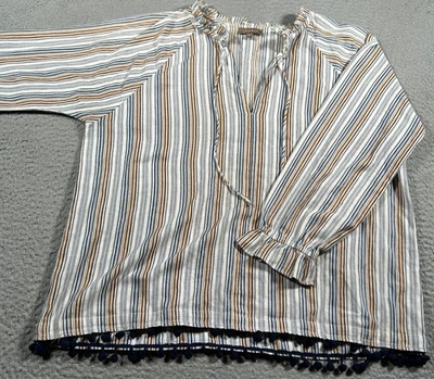 Top Lilla P Mujer Grande Azul Rayas Cuello en V Corbata Frontal Manga Larga Suelto Boho Foto 1 de 4